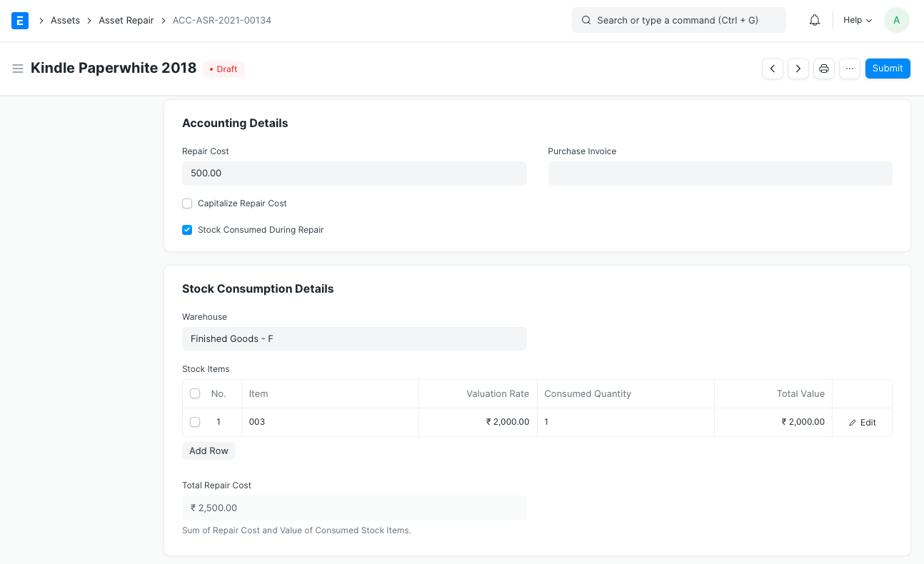 Stock Consumed During Repair